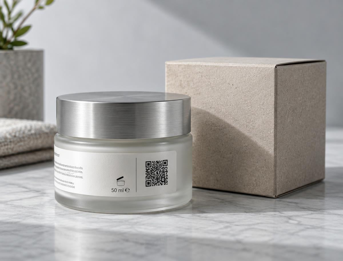 Face cream jar with a QR code printed on its product label