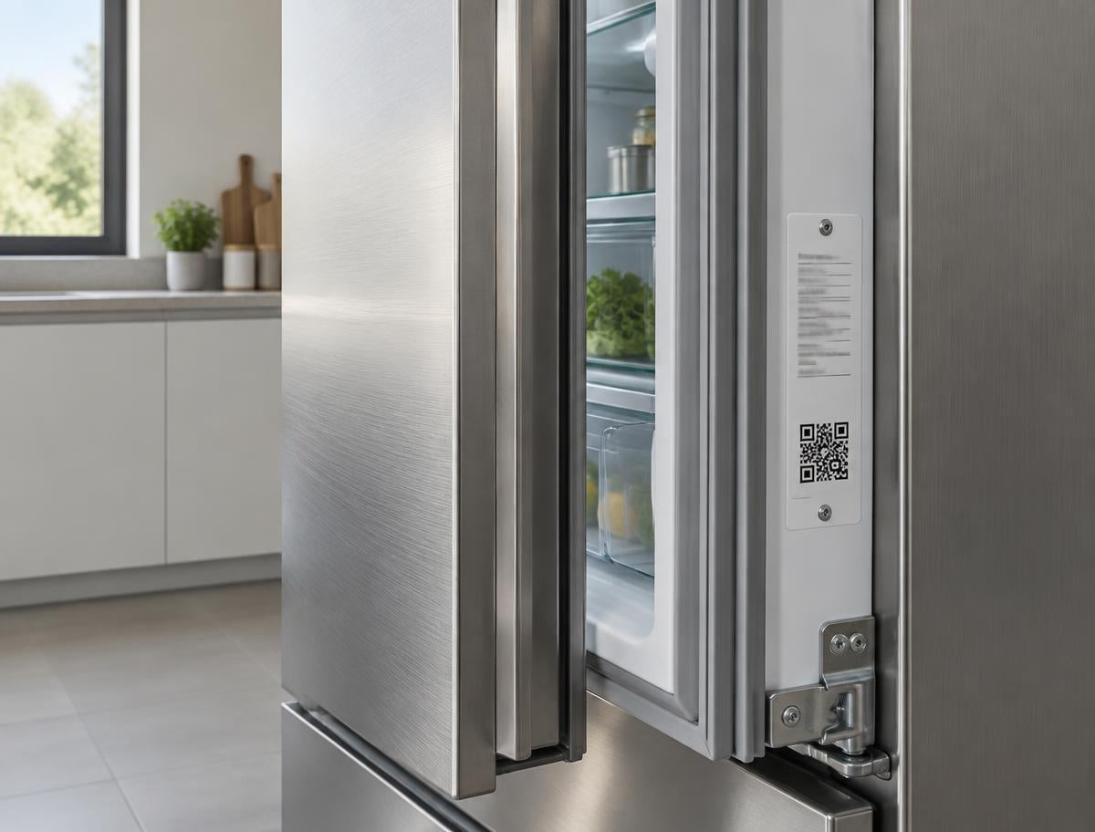 Refrigerator door with a QR code on its appliance rating plate