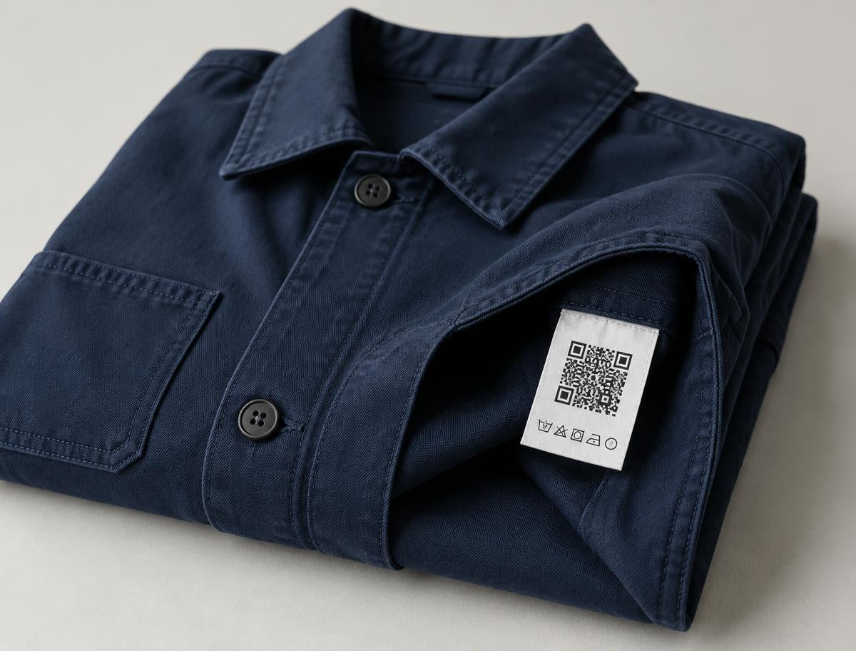 Navy garment with a QR code on its sewn-in care label