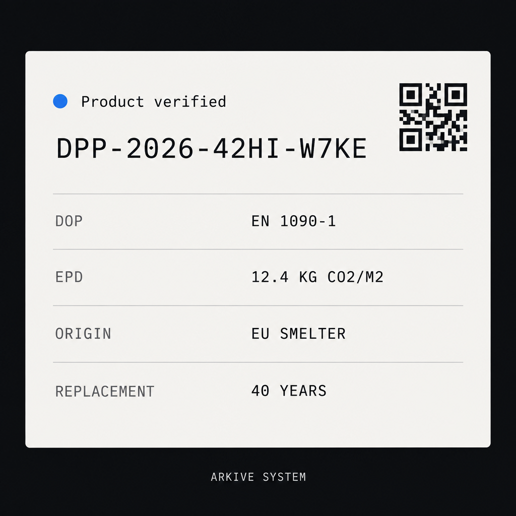 Illustrative Arkive passport for a facade panel, showing declaration, EPD, origin and replacement data