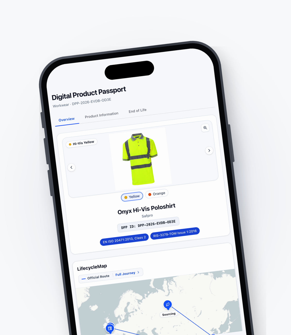 Arkive Digital Product Passport for the Safpro Onyx Hi-Vis Poloshirt on a phone