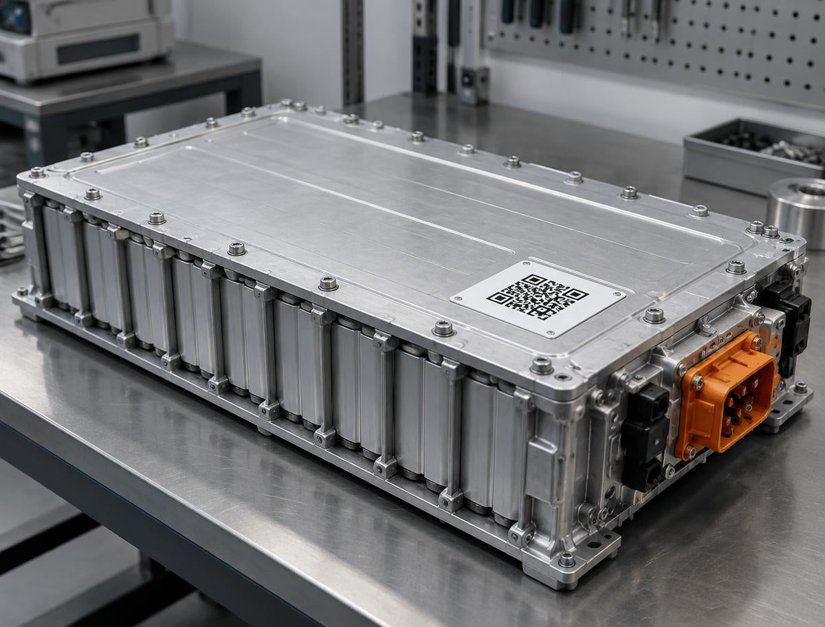 Electric vehicle battery module with a QR identification plate