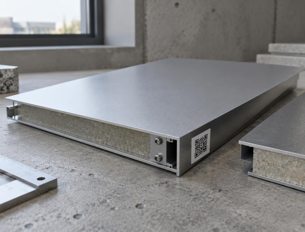 Aluminium facade panel with a QR identification label on its edge