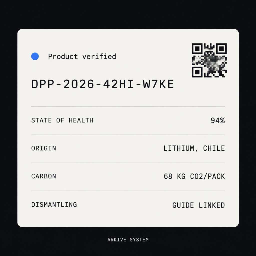 Illustrative Arkive passport for an EV battery pack, showing state of health, origin, carbon footprint and dismantling data