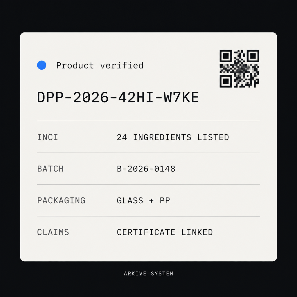 Illustrative Arkive passport for a face cream, showing ingredient disclosure, batch, packaging and claims data