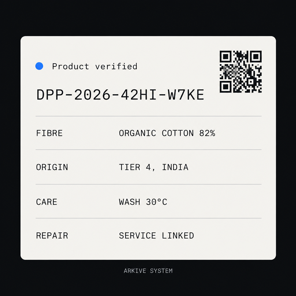Illustrative Arkive passport for a garment, showing fibre composition, origin, care and repair data